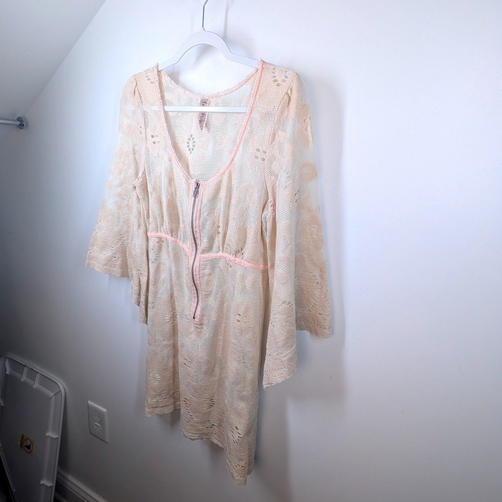 Free People Cream Pink Floral Lace Bell Sleeve Zip Front Mini Dress Tunic Medium - Picture 3 of 7